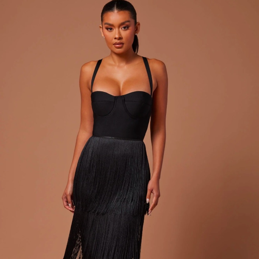 Fashion Nova Black Fringe Maxi bandage Dress